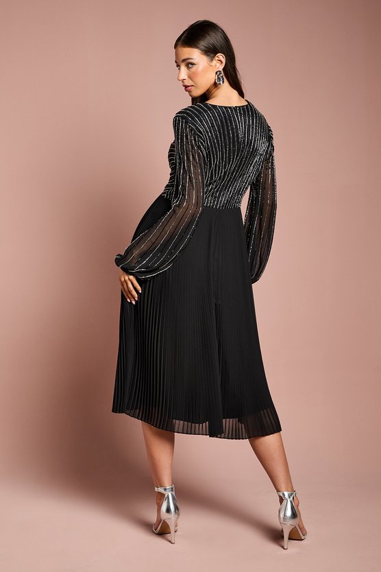 Karen Millen Embellished Wrap Bodice Midi Dress With Pleated Skirt Black