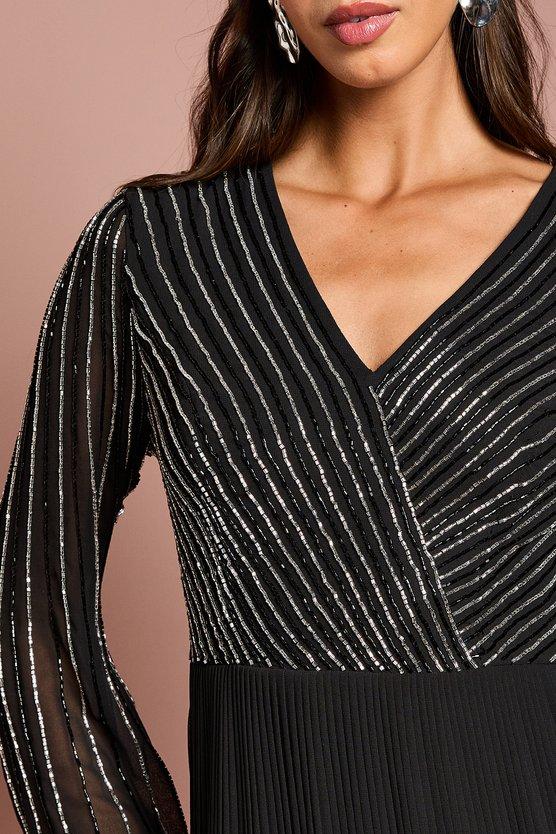 Karen Millen Embellished Wrap Bodice Midi Dress With Pleated Skirt Black