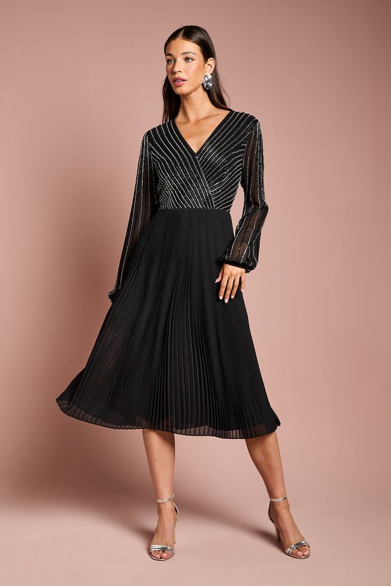 karen millen Embellished Wrap Bodice Midi Dress With Pleated Skirt black