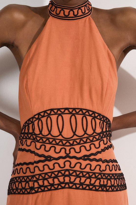 Karen Millen Embroidered Cotton Linen Woven Halter Dress Orange