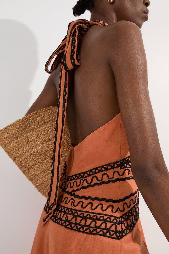 Karen Millen Embroidered Cotton Linen Woven Halter Dress Orange