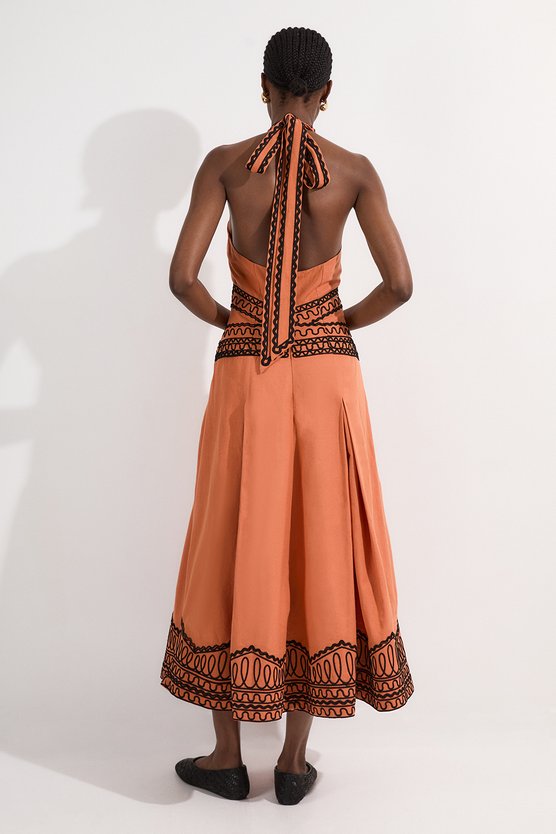 Karen Millen Embroidered Cotton Linen Woven Halter Dress Orange