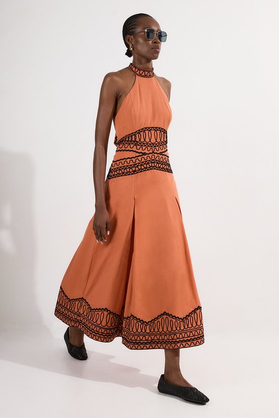karen millen Embroidered Cotton Linen Woven Halter Dress orange