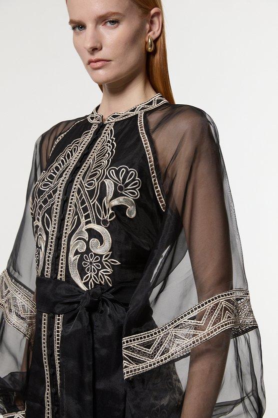 Karen Millen Embroidered Organdie Balloon Sleeve Woven Maxi Dress Black