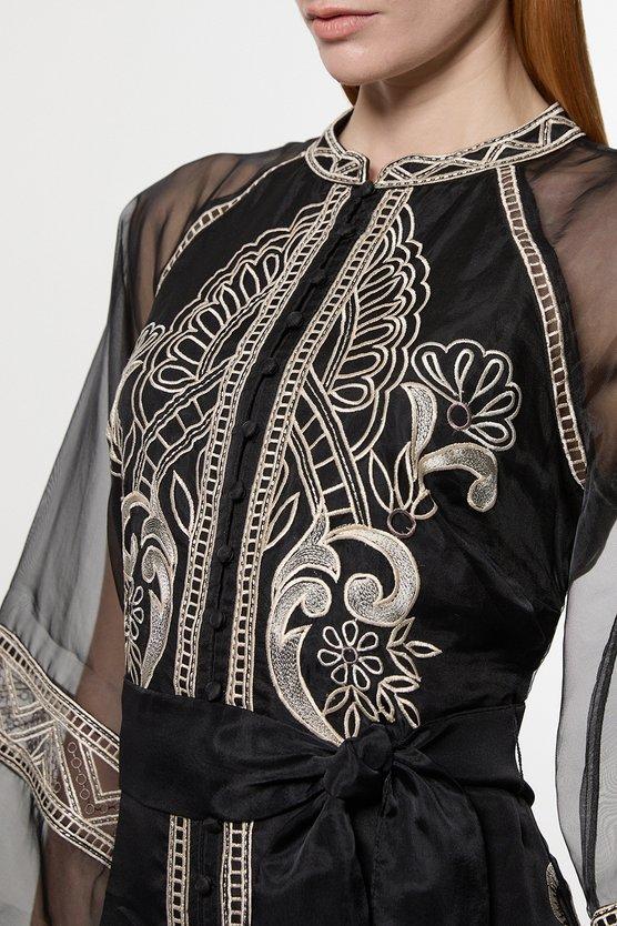 Karen Millen Embroidered Organdie Balloon Sleeve Woven Maxi Dress Black