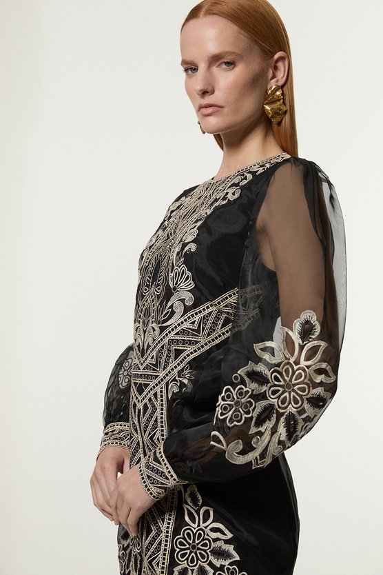 Karen Millen Embroidered Organdie Balloon Woven Mini Dress Black
