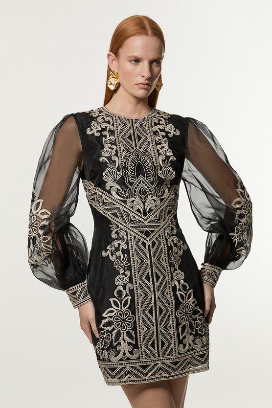 karen millen Embroidered Organdie Balloon Woven Mini Dress black