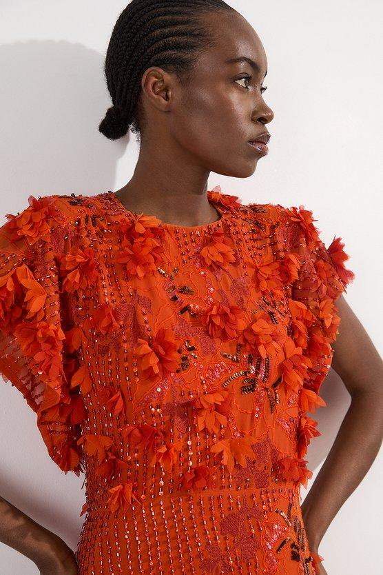 Karen Millen Embroidery And Applique Angel Sleeve Woven Maxi Dress Orange