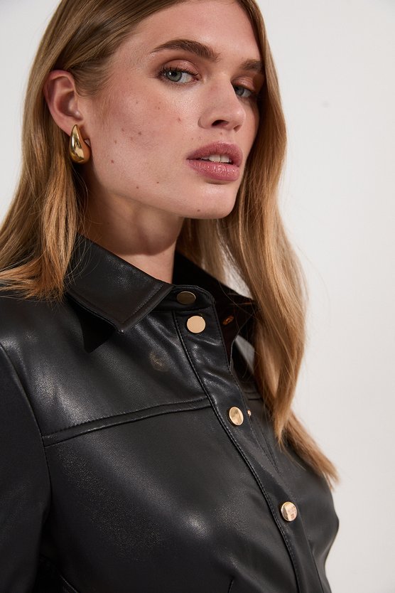 Karen Millen Faux Leather Belted Midi Shirt Dress Black