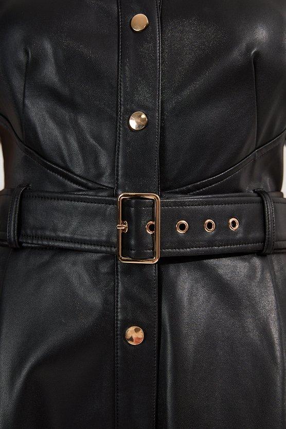 Karen Millen Faux Leather Belted Midi Shirt Dress Black
