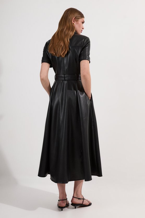 Karen Millen Faux Leather Belted Midi Shirt Dress Black