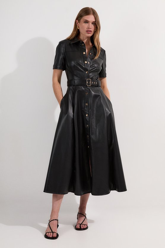 karen millen Faux Leather Belted Midi Shirt Dress black