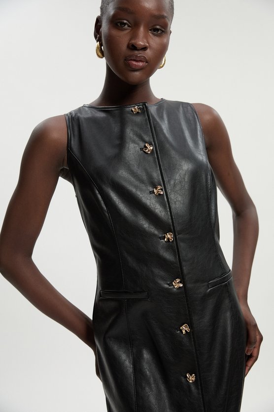 Karen Millen Faux Leather Button Detail Midi Pencil Dress Black