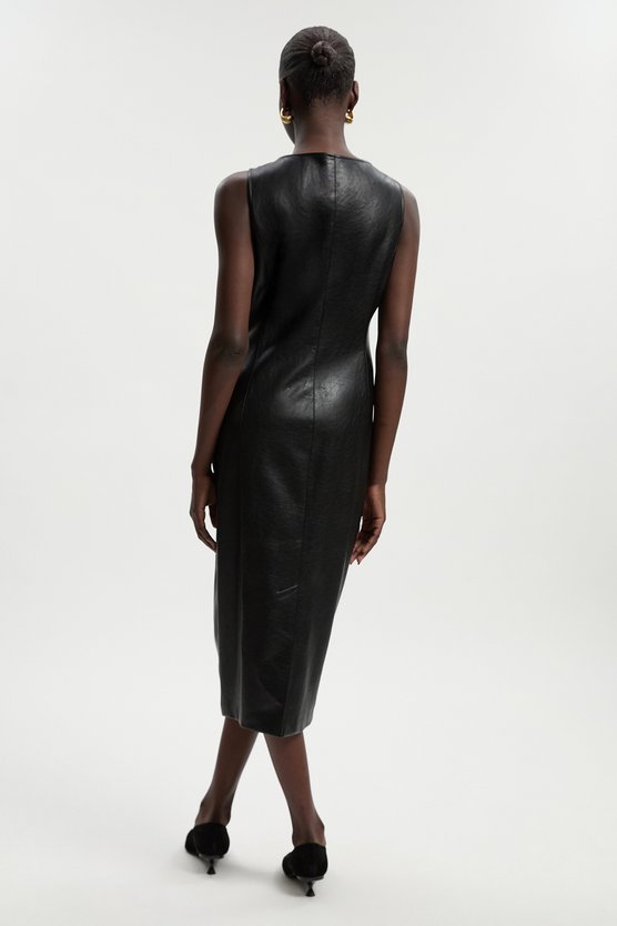 Karen Millen Faux Leather Button Detail Midi Pencil Dress Black