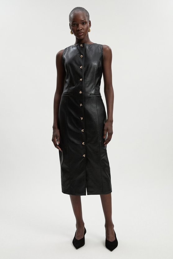 karen millen Faux Leather Button Detail Midi Pencil Dress black