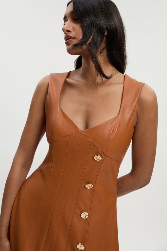 Karen Millen Faux Leather Button Detail Sleeveless Midi Dress Camel