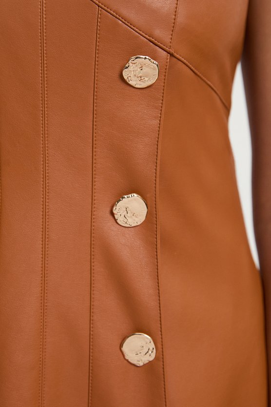 Karen Millen Faux Leather Button Detail Sleeveless Midi Dress Camel