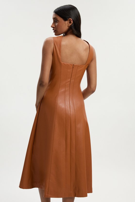 Karen Millen Faux Leather Button Detail Sleeveless Midi Dress Camel