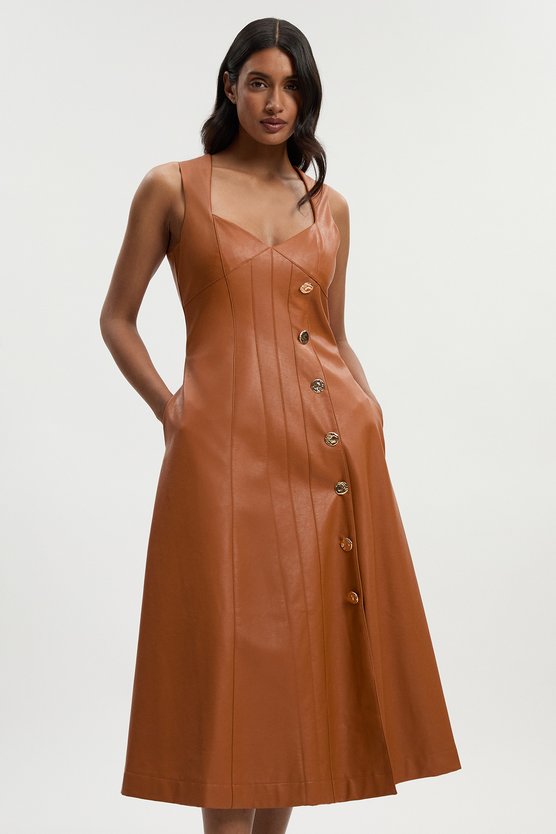 karen millen Faux Leather Button Detail Sleeveless Midi Dress camel