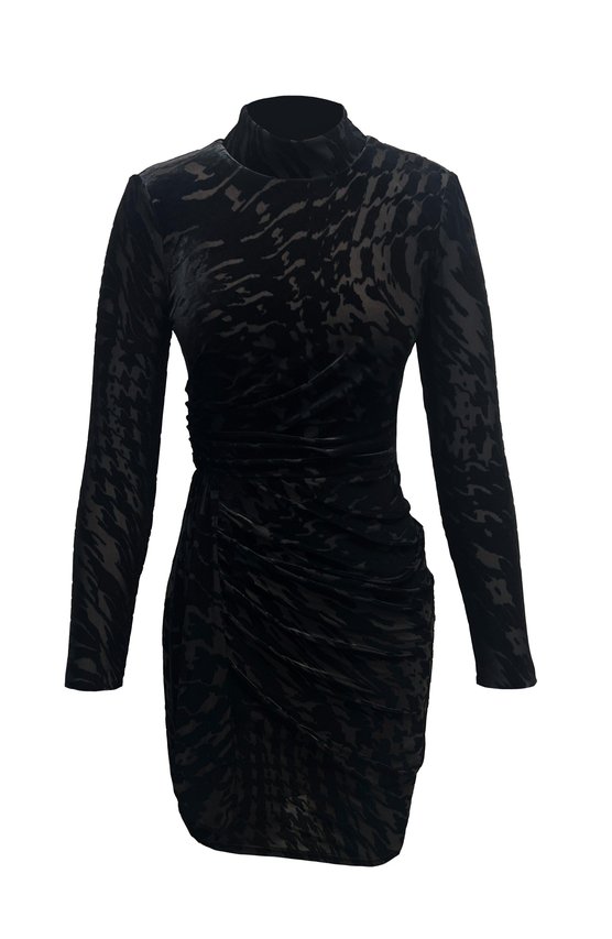 Karen Millen Fawn Long Sleeve Turtleneck Velvet Mini Dress Plain Black