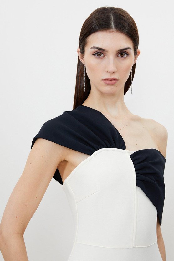 Karen Millen Figure Form Bandage Asymmetric Strap Knit Midi Dress Cream