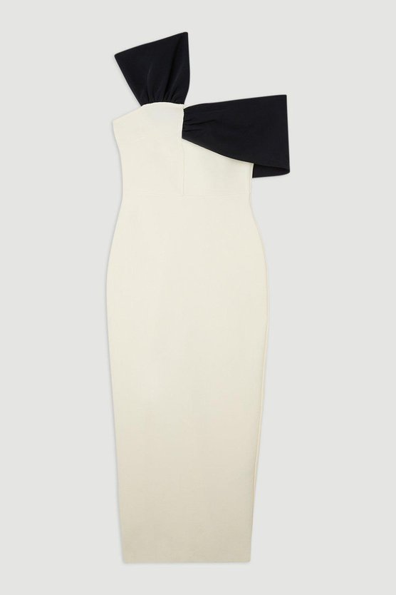 Karen Millen Figure Form Bandage Asymmetric Strap Knit Midi Dress Cream