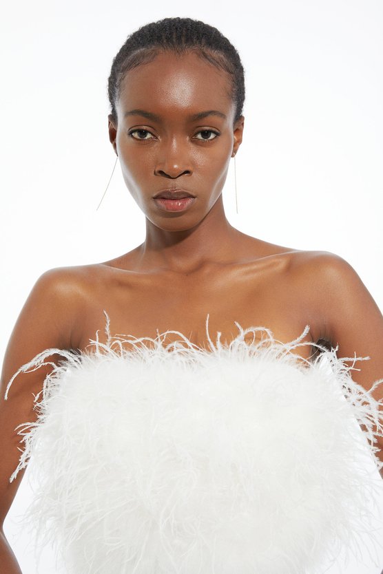 Karen Millen Figure Form Bandage Feather Detail Bandeau Knit Midi Dress Ivory