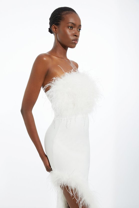 Karen Millen Figure Form Bandage Feather Detail Bandeau Knit Midi Dress Ivory