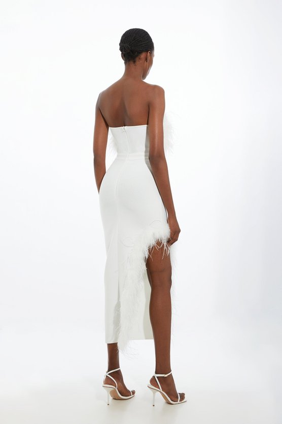 Karen Millen Figure Form Bandage Feather Detail Bandeau Knit Midi Dress Ivory