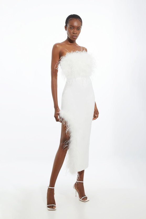 karen millen Figure Form Bandage Feather Detail Bandeau Knit Midi Dress ivory