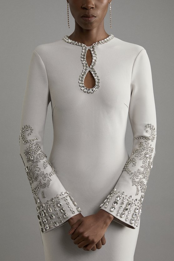 Karen Millen Figure Form Bandage Knit Embellished Wide Sleeve Maxi Dress Grey