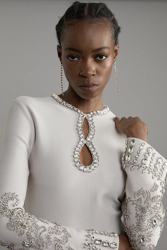 Karen Millen Figure Form Bandage Knit Embellished Wide Sleeve Maxi Dress Grey