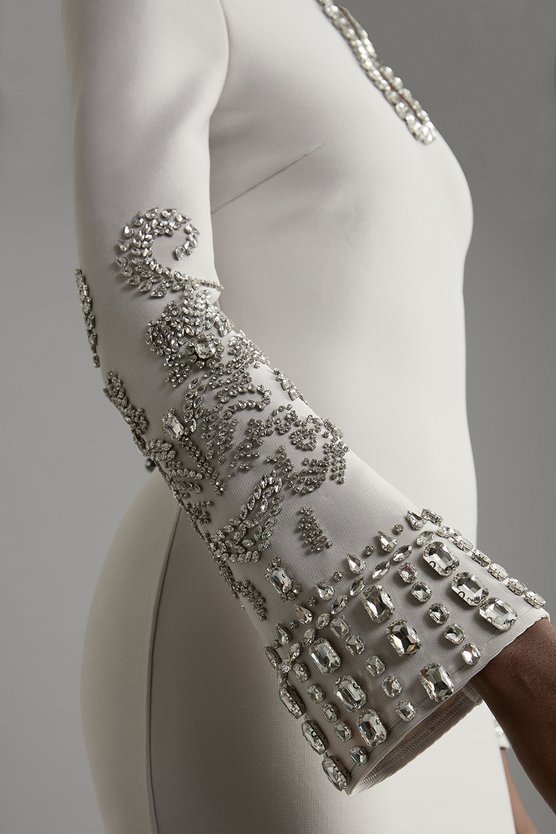 Karen Millen Figure Form Bandage Knit Embellished Wide Sleeve Maxi Dress Grey