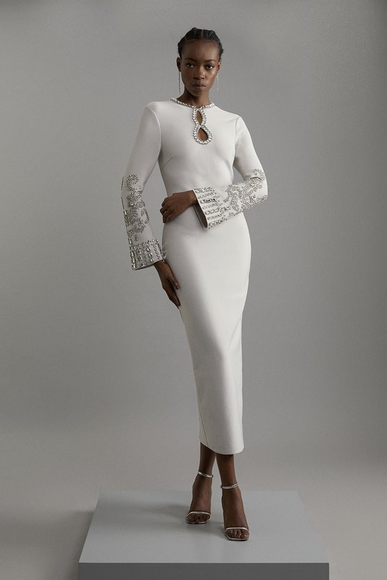 karen millen Figure Form Bandage Knit Embellished Wide Sleeve Maxi Dress grey