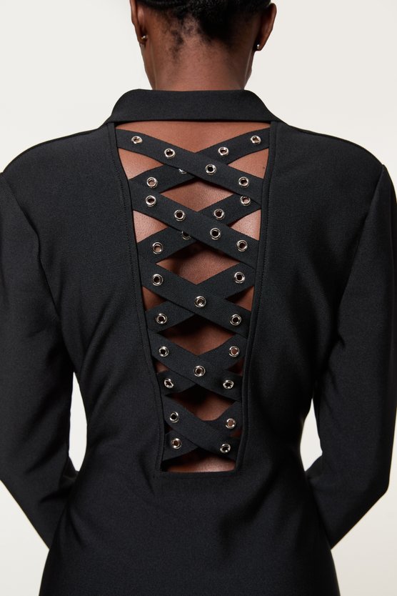 karen millen Figure Form Bandage Knit Eyelet Cross Back Detail Mini Dress black