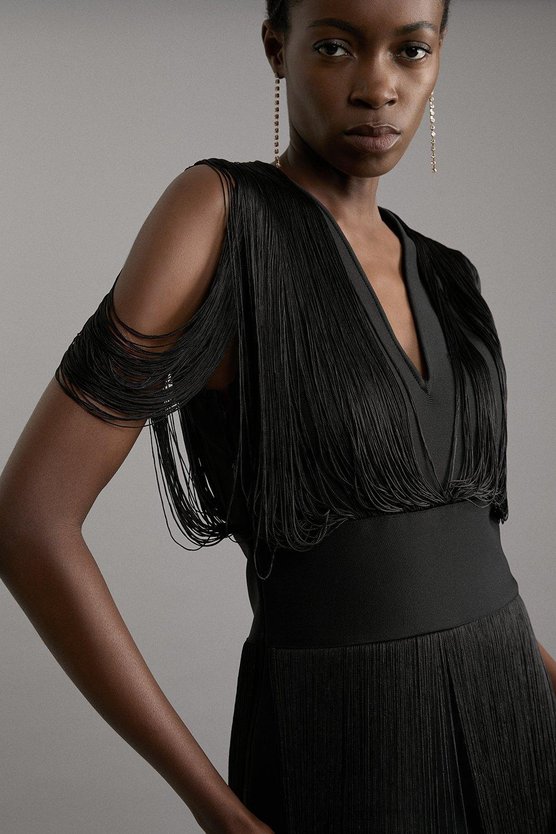 Karen Millen Figure Form Bandage Knit Fringe Detail Dress Black