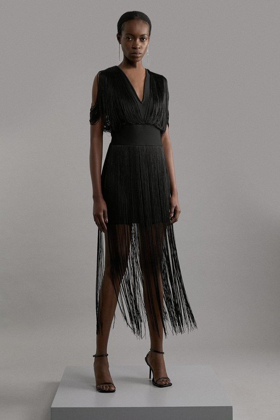 karen millen Figure Form Bandage Knit Fringe Detail Dress black