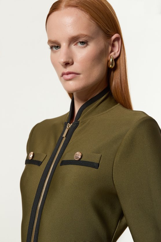 Karen Millen Figure Form Bandage Knit Piping Detail Military Dress Olive