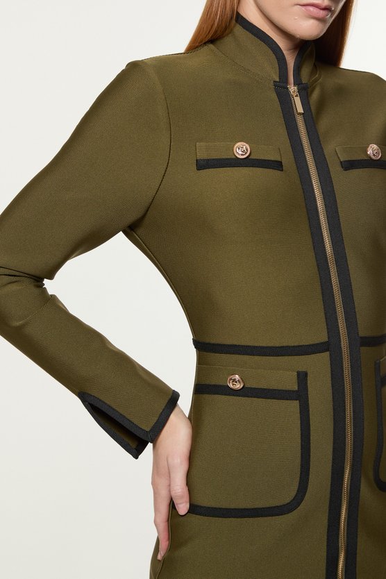 Karen Millen Figure Form Bandage Knit Piping Detail Military Dress Olive