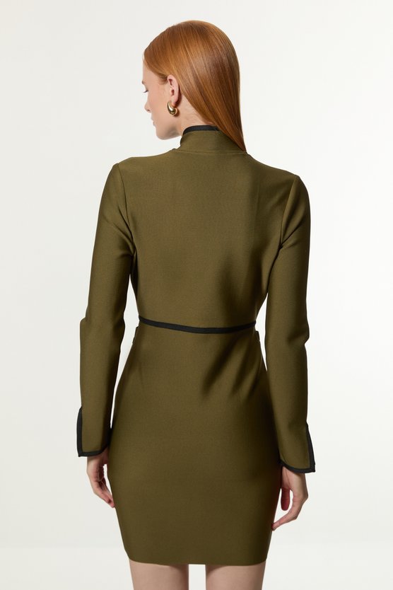 Karen Millen Figure Form Bandage Knit Piping Detail Military Dress Olive
