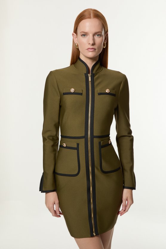 karen millen Figure Form Bandage Knit Piping Detail Military Dress olive