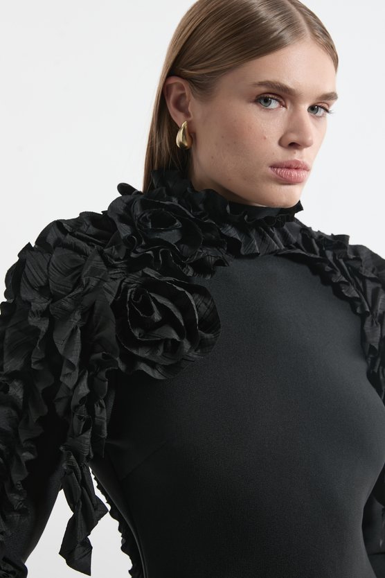 Karen Millen Figure Form Bandage Knit Rosette Detail Midi Dress Black