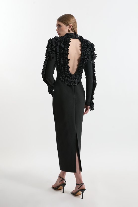 Karen Millen Figure Form Bandage Knit Rosette Detail Midi Dress Black