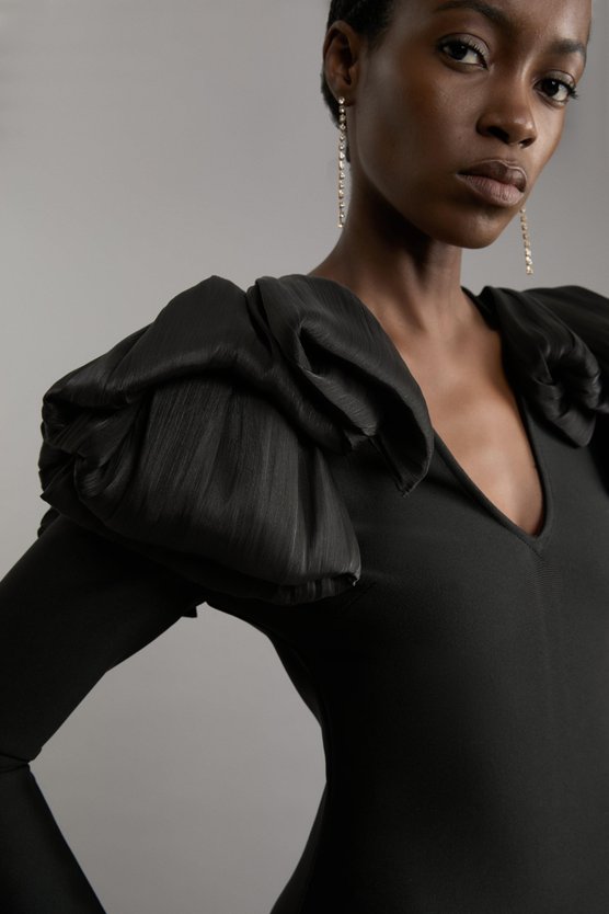 Karen Millen Figure Form Bandage Knit Silk Ruffle Shoulder Detail Maxi Dress Black