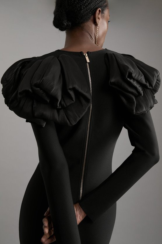 Karen Millen Figure Form Bandage Knit Silk Ruffle Shoulder Detail Maxi Dress Black