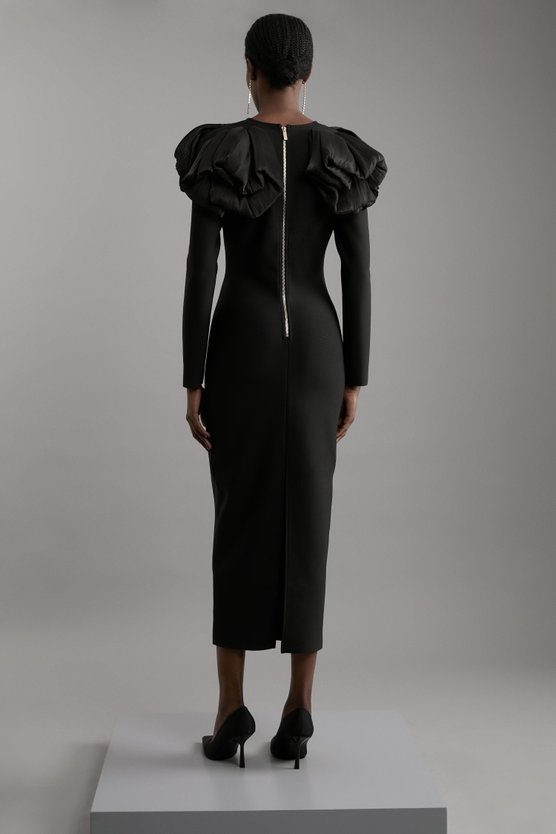 Karen Millen Figure Form Bandage Knit Silk Ruffle Shoulder Detail Maxi Dress Black