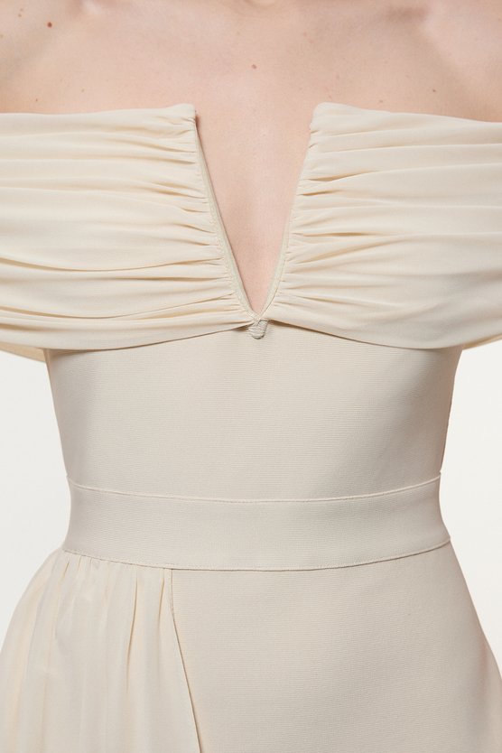 Karen Millen Figure Form Bandage Knit Woven Bardot And Skirt Detail Dress Neutral