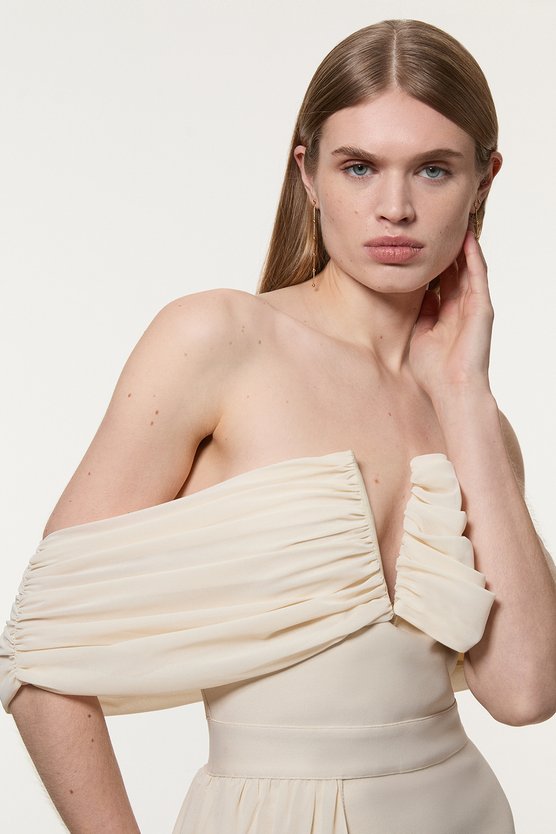 Karen Millen Figure Form Bandage Knit Woven Bardot And Skirt Detail Dress Neutral