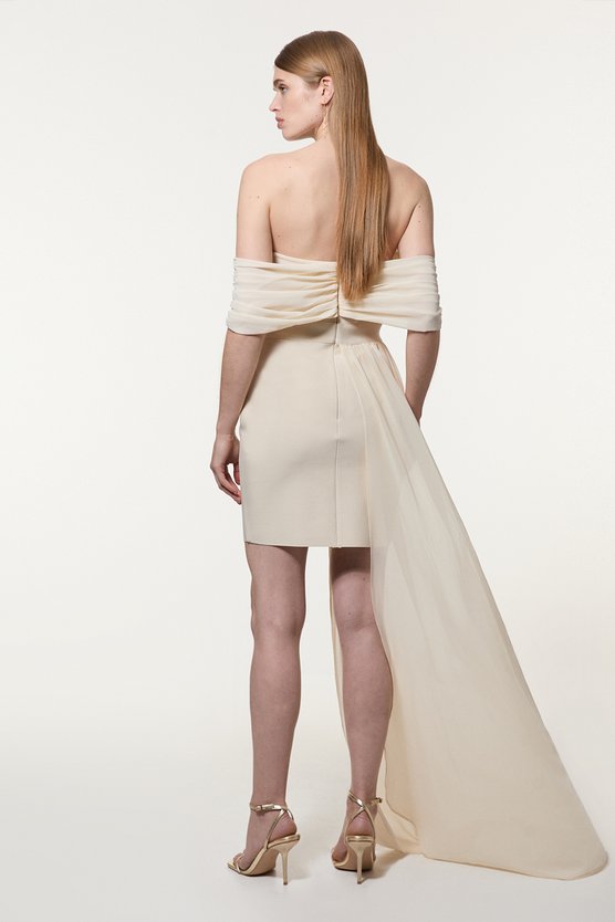 Karen Millen Figure Form Bandage Knit Woven Bardot And Skirt Detail Dress Neutral