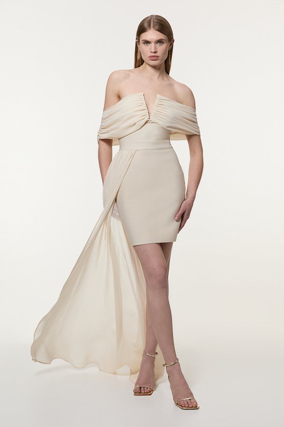 karen millen Figure Form Bandage Knit Woven Bardot And Skirt Detail Dress neutral